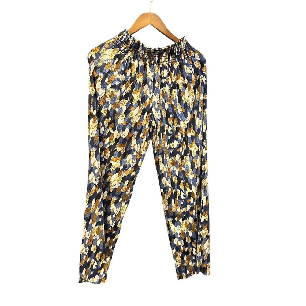 Urban Coco Lounge Pants Womens Blue Leaf Feather Print Smocked Waist Boho Casual